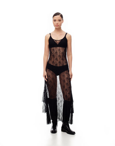 Vestido largo encaje negro mujer