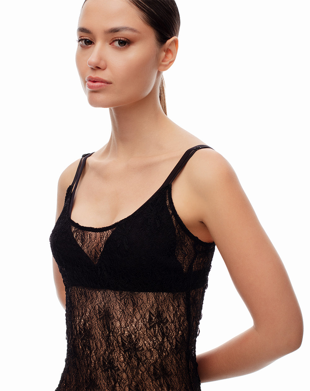 Vestido largo encaje negro mujer