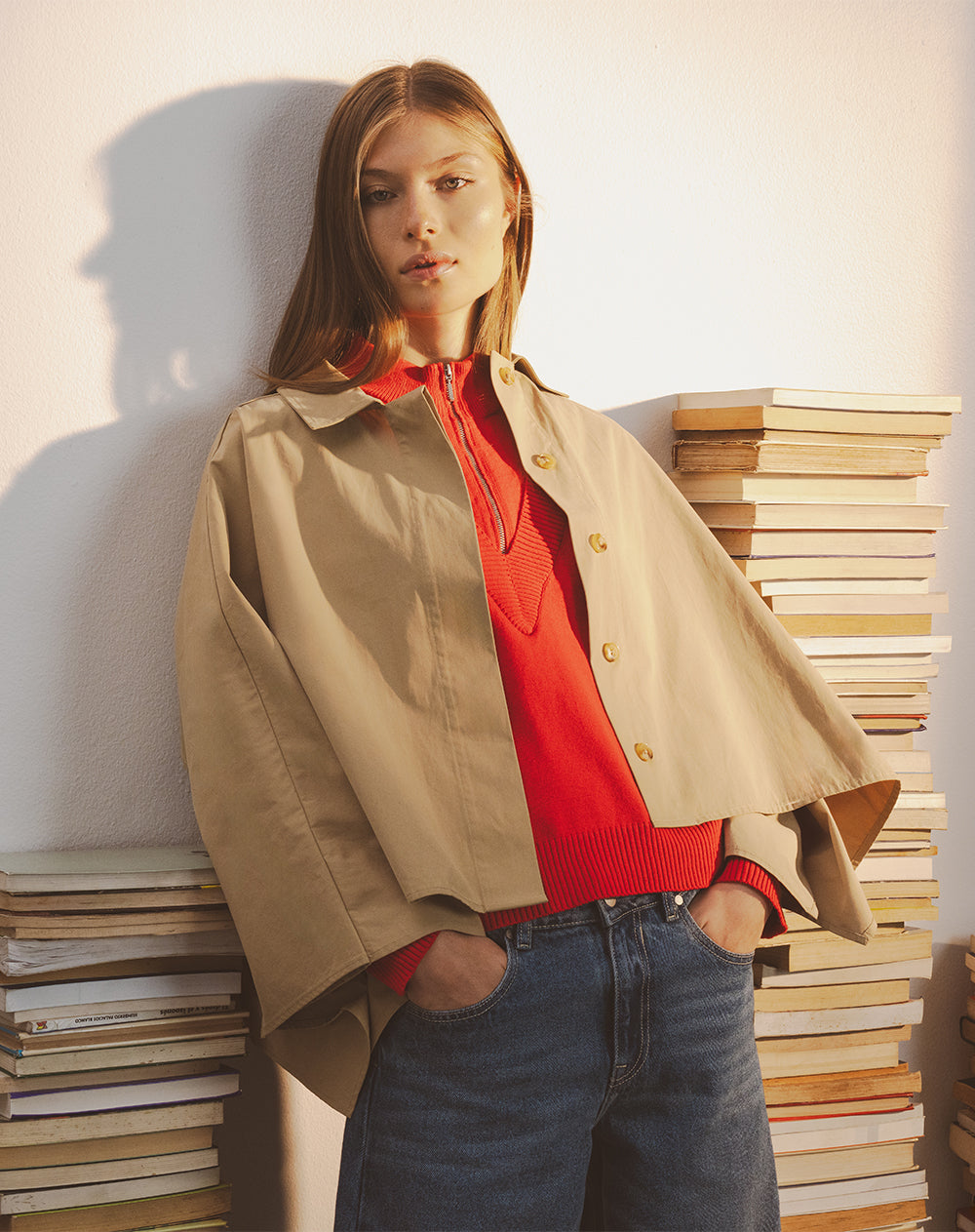 Chaleco tipo capa oversize drill café mujer