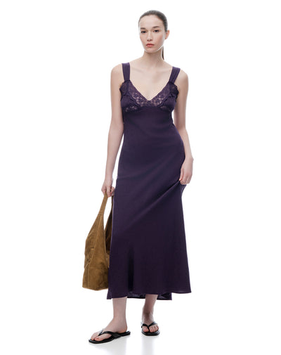 Vestido largo lencero encaje morado mujer