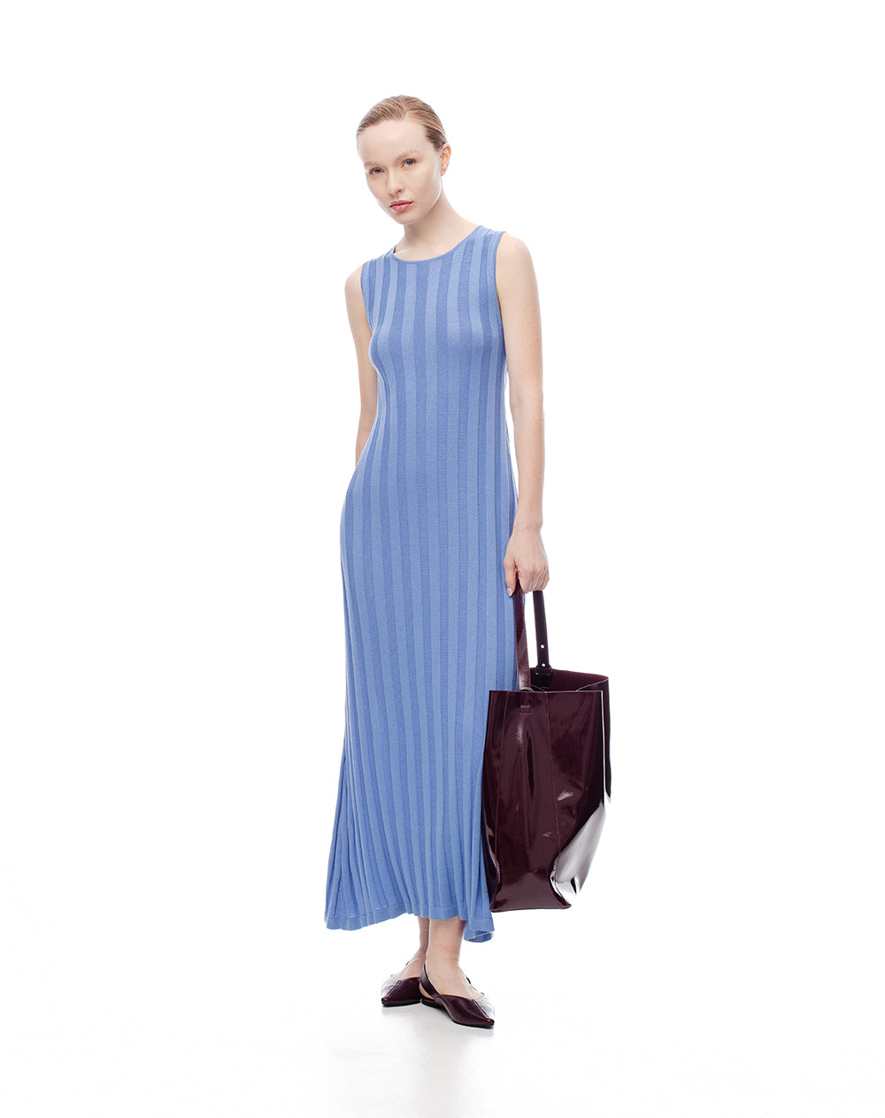 Vestido largo tejido acanalado azul mujer