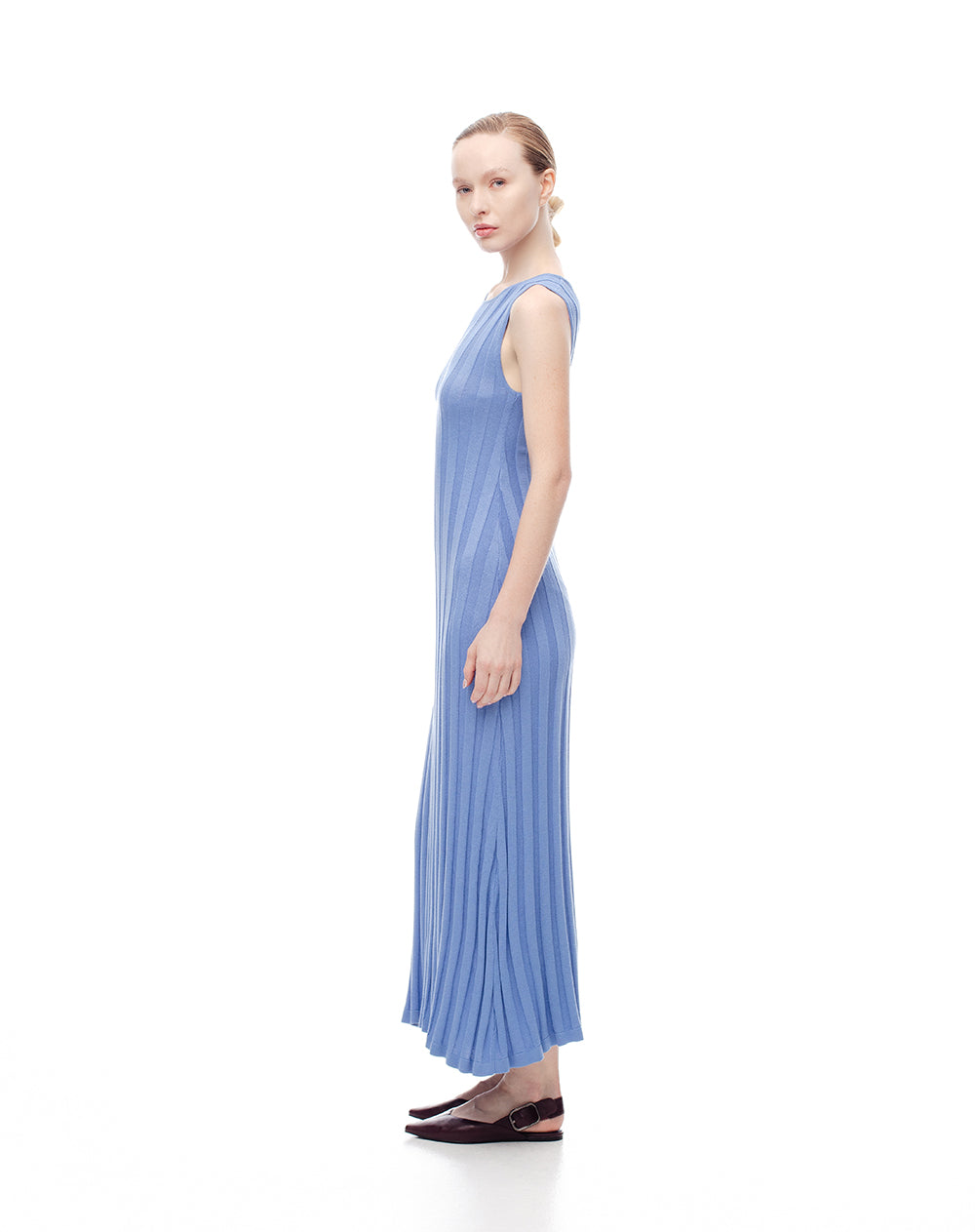 Vestido largo tejido acanalado azul mujer
