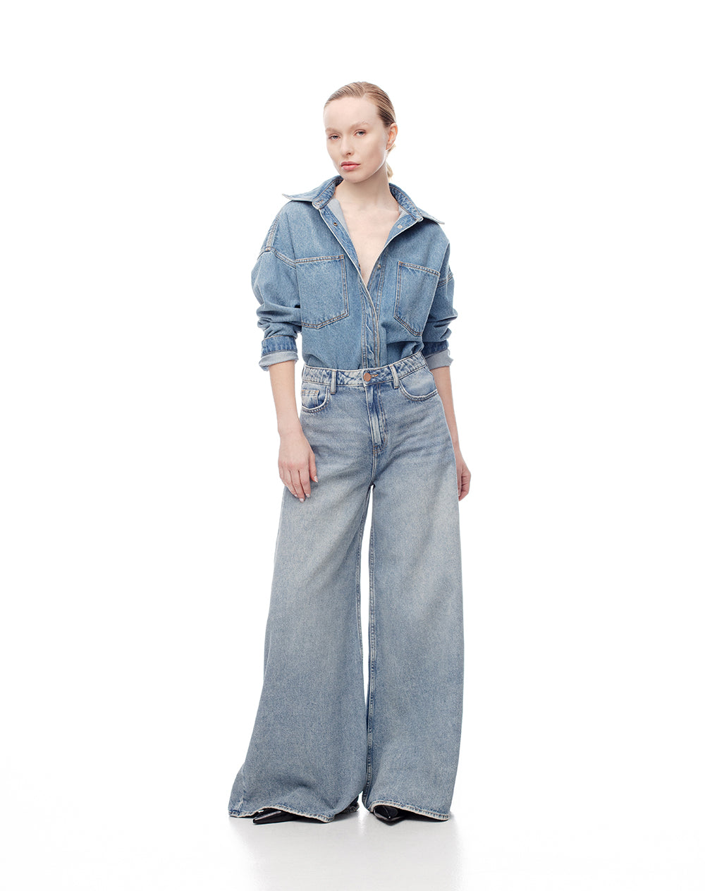 Jean extra wide leg tiro alto 100% algodón índigo medio mujer