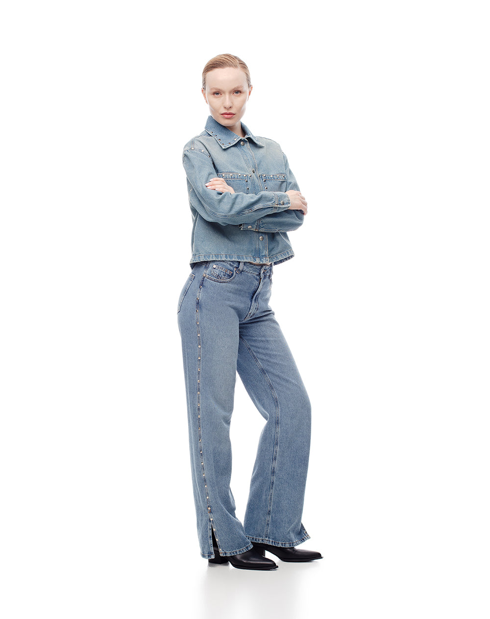 Jean straight tiro medio 100% algodón índigo medio mujer