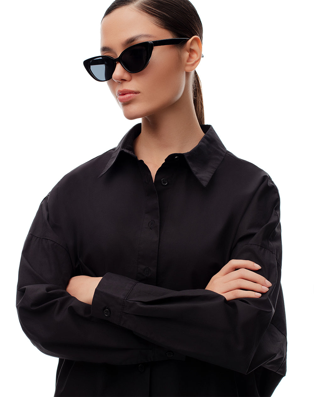 Camisa manga larga oversize algodón negra mujer