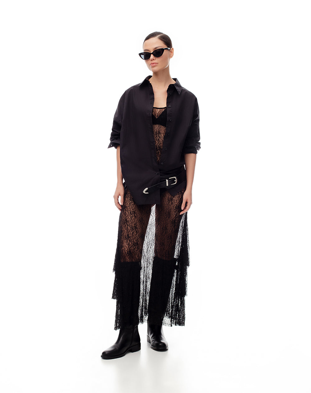 Camisa manga larga oversize algodón negra mujer