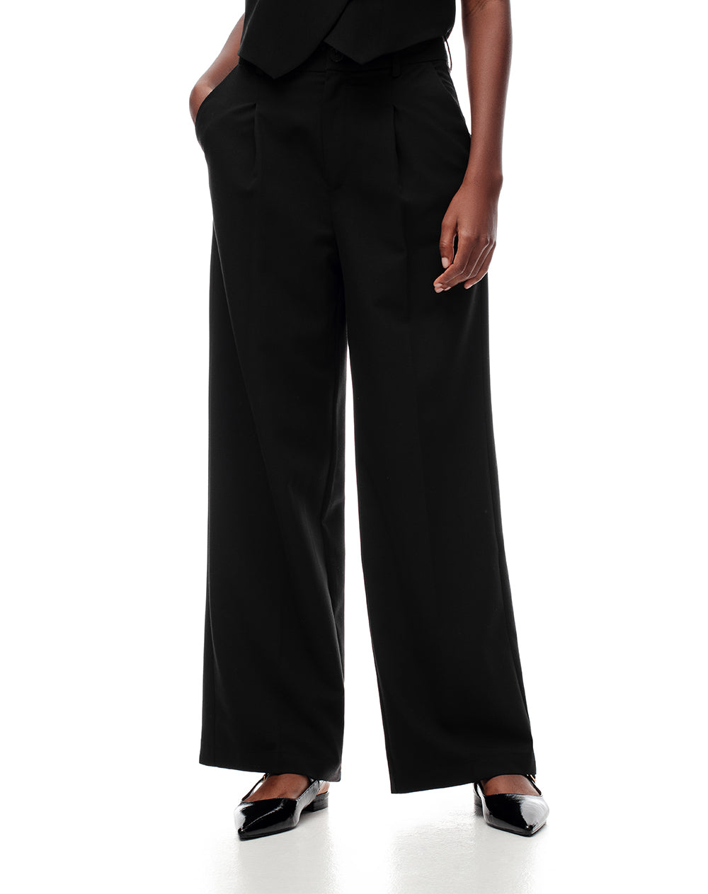Pantalón de vestir tiro alto pliegues delanteros negro para mujer