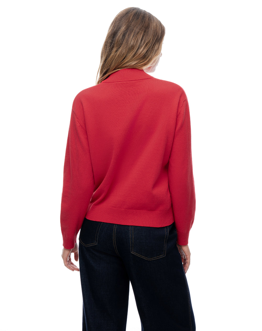 Buzo tejido regular cuello alto cierre rojo mujer