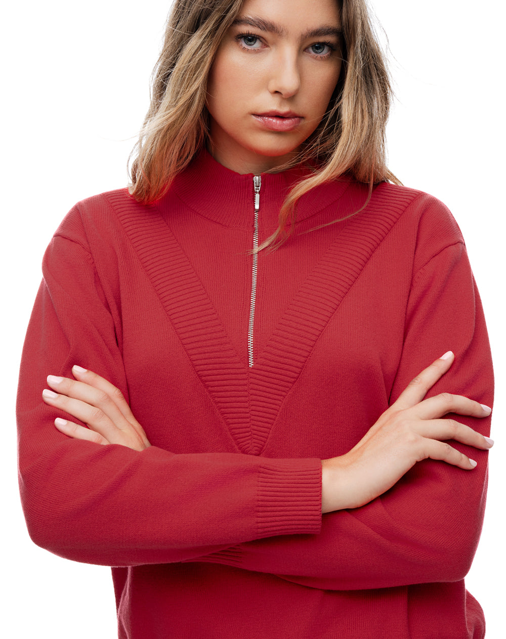 Buzo tejido regular cuello alto cierre rojo mujer