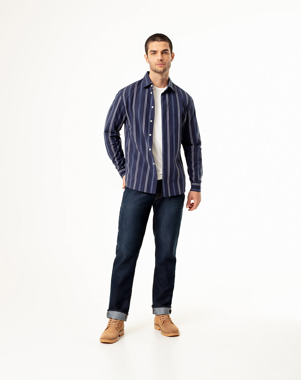 Camisa slim fit manga larga azul con rayas