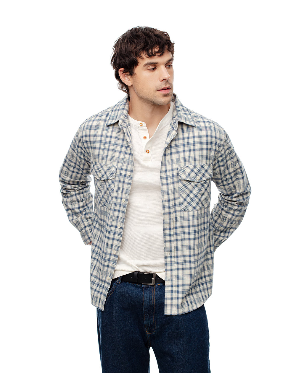 Camisa regular fit manga larga azul con cuadros