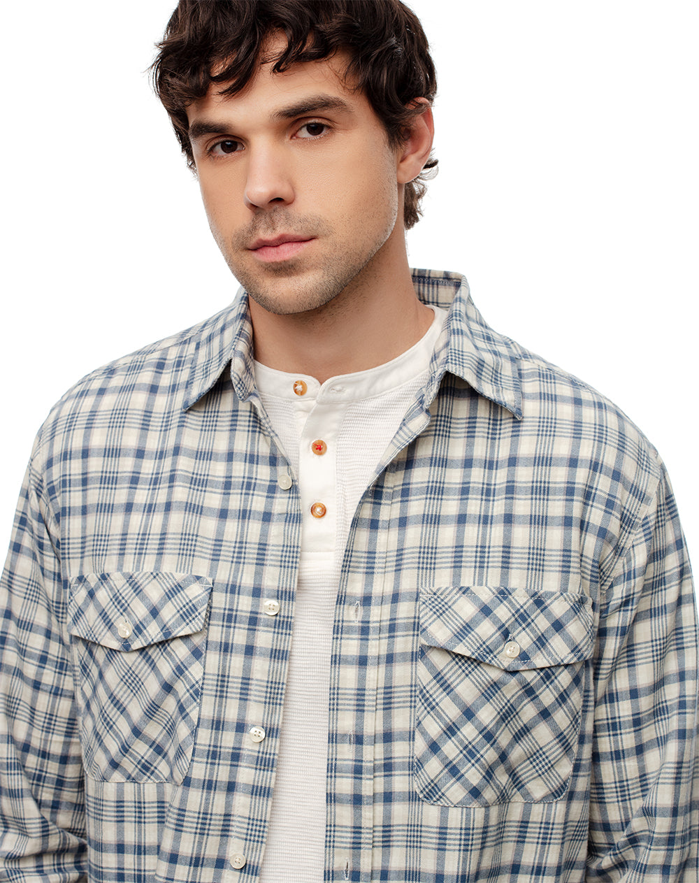 Camisa regular fit manga larga azul con cuadros
