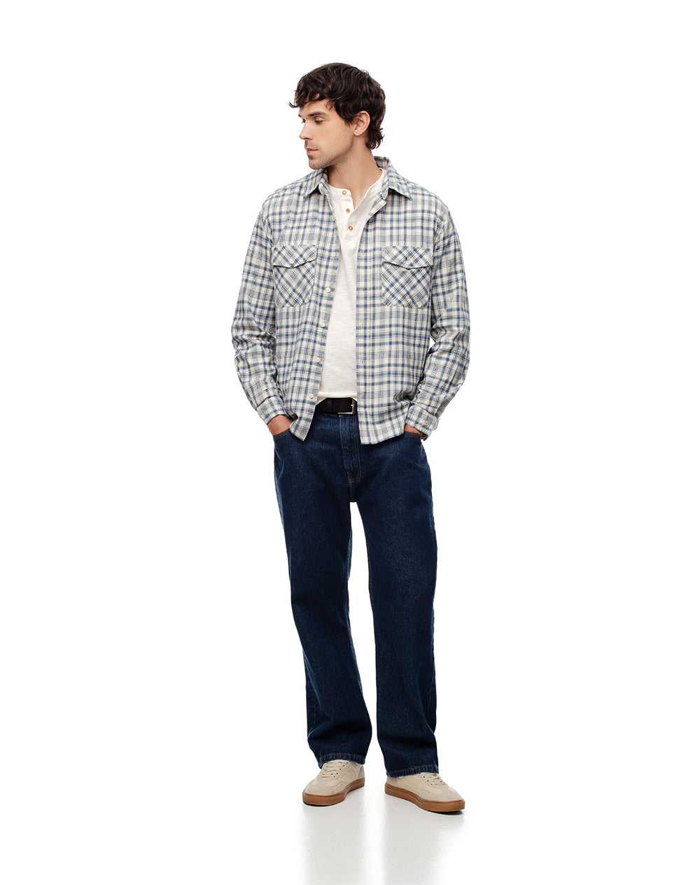 Camisa regular fit manga larga azul con cuadros