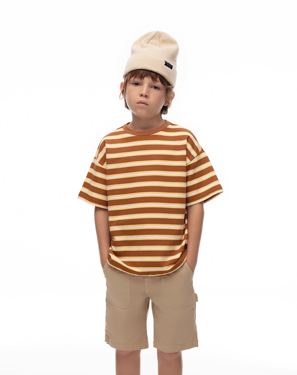 Camiseta regular algodón café rayas niño