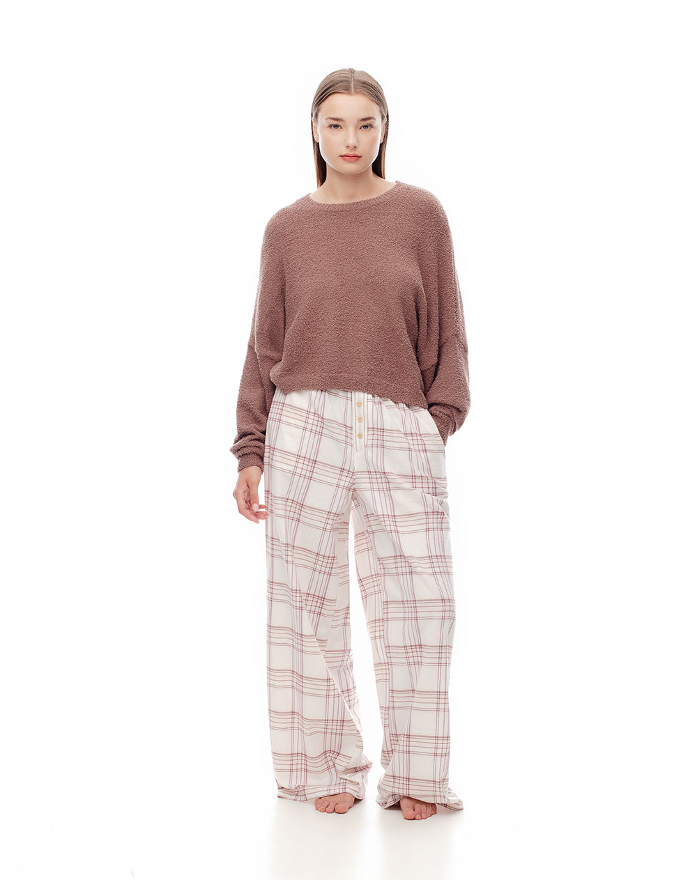 Pantalón relaxed fit tiro medio cafe cuadros