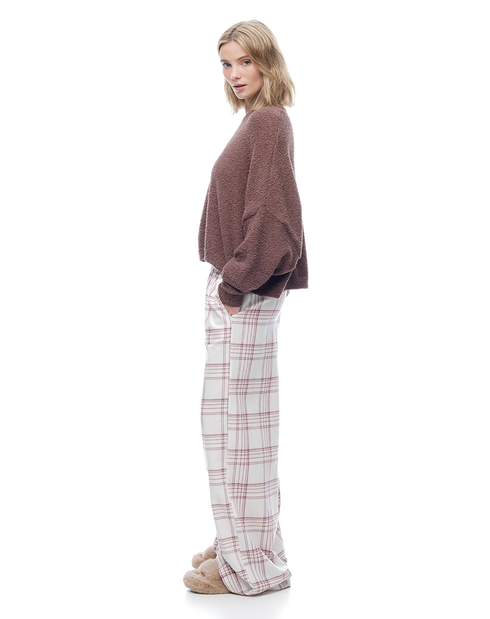 Pantalón relax tiro medio algodón cuadros mujer