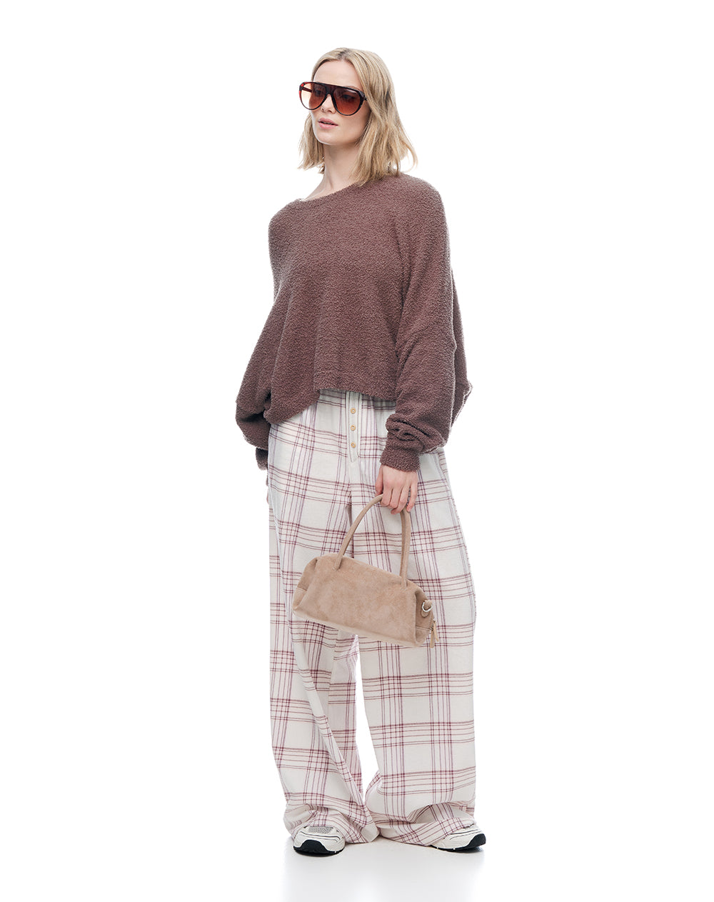 Pantalón relax tiro medio algodón cuadros mujer