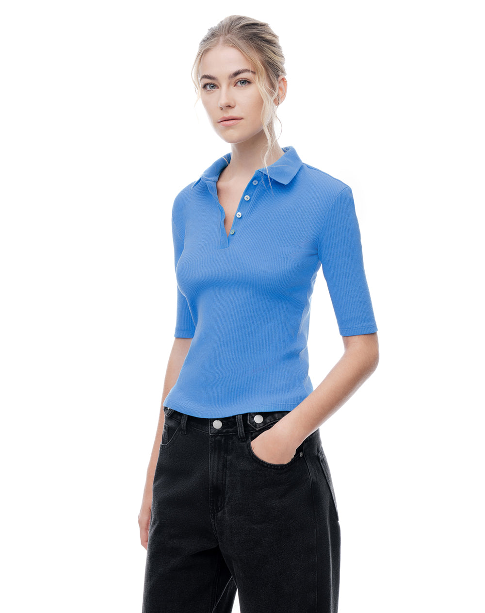 Polo slim tejido de punto algodón azul mujer