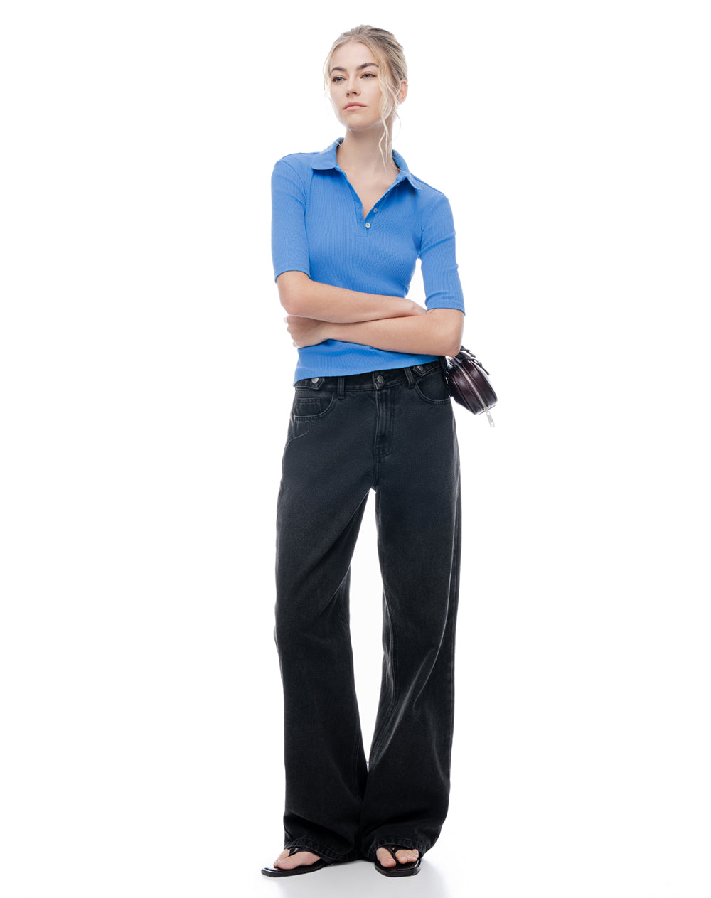 Polo slim tejido de punto algodón azul mujer