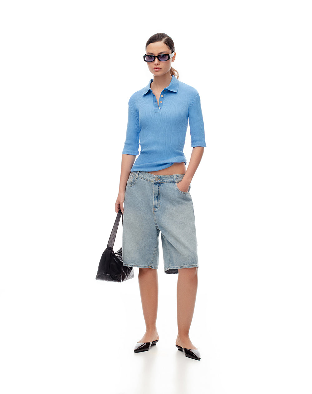 Polo slim tejido de punto algodón azul mujer