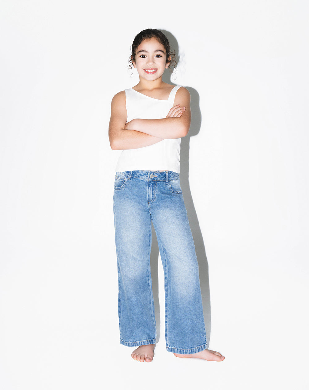 Jean straight tiro alto algodón índigo medio niña