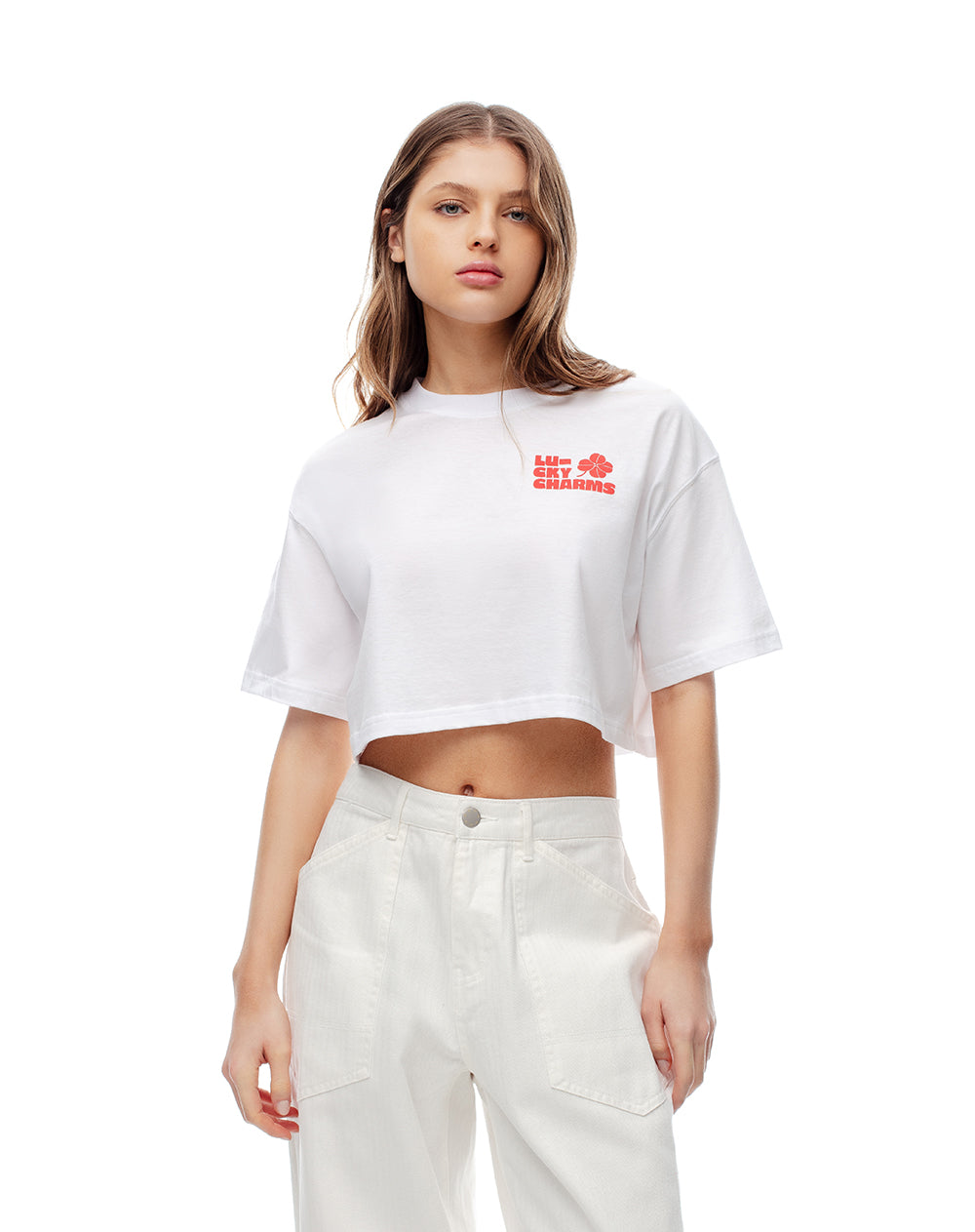 Camiseta crop regular algodón blanca estampada mujer