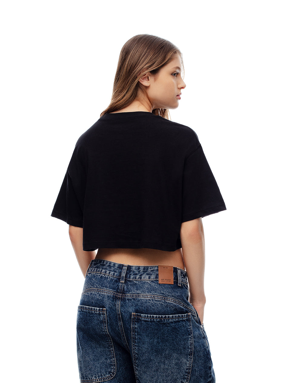 Camiseta crop regular algodón negra estampada mujer