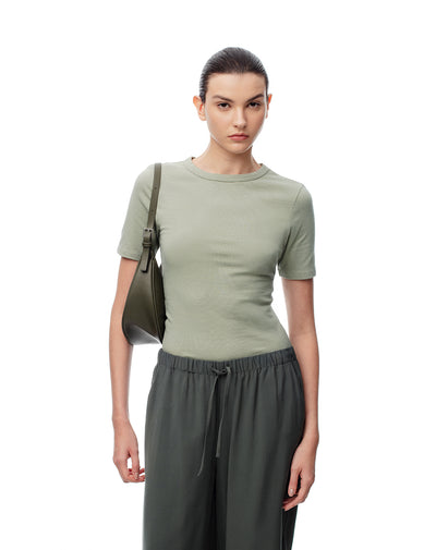 Camiseta slim rib algodón verde mujer