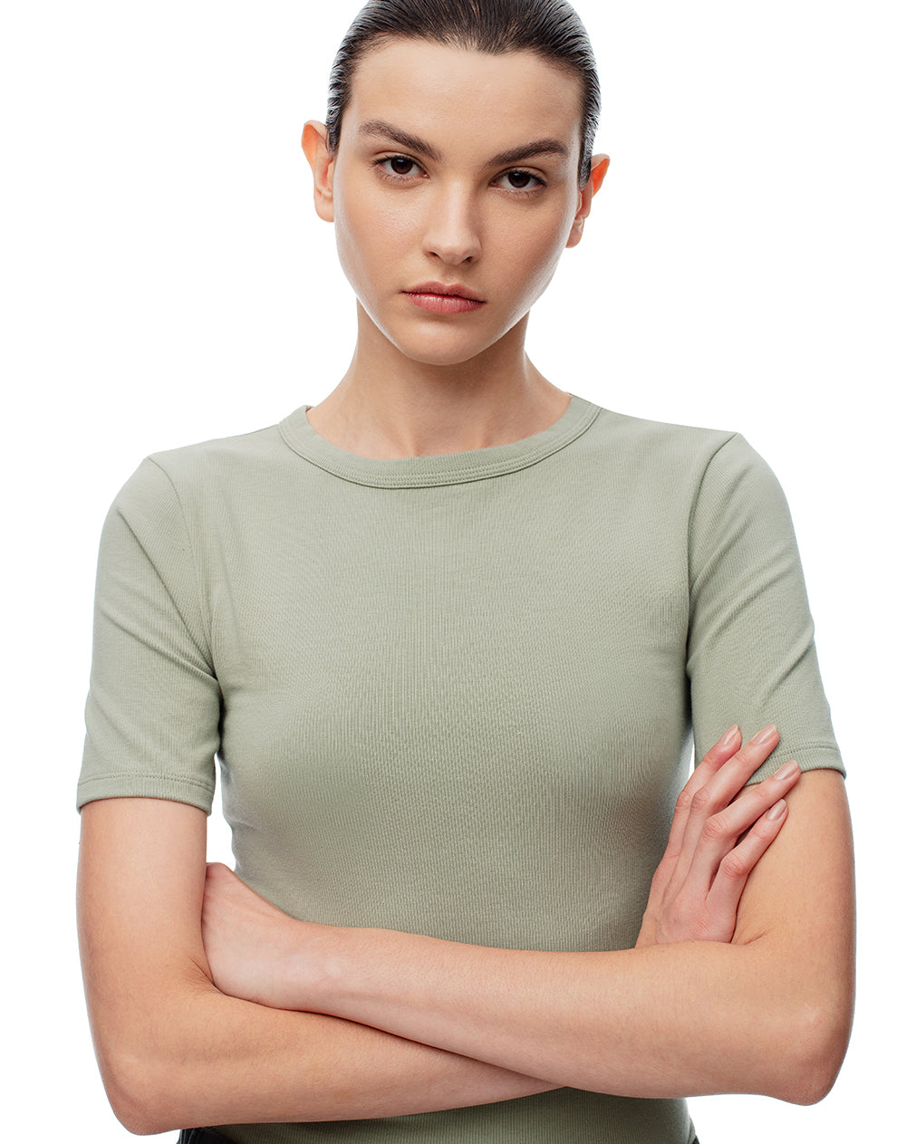 Camiseta slim rib algodón verde mujer