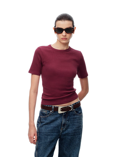 Camiseta slim rib algodón vinotinto mujer