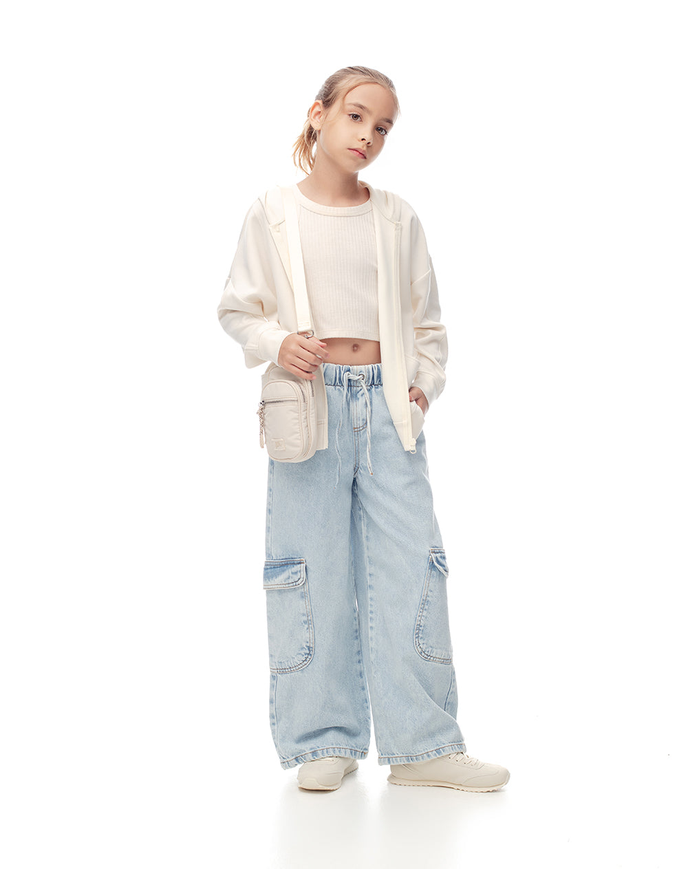 Jean cargo wide leg tiro alto 100% algodón índigo claro niña