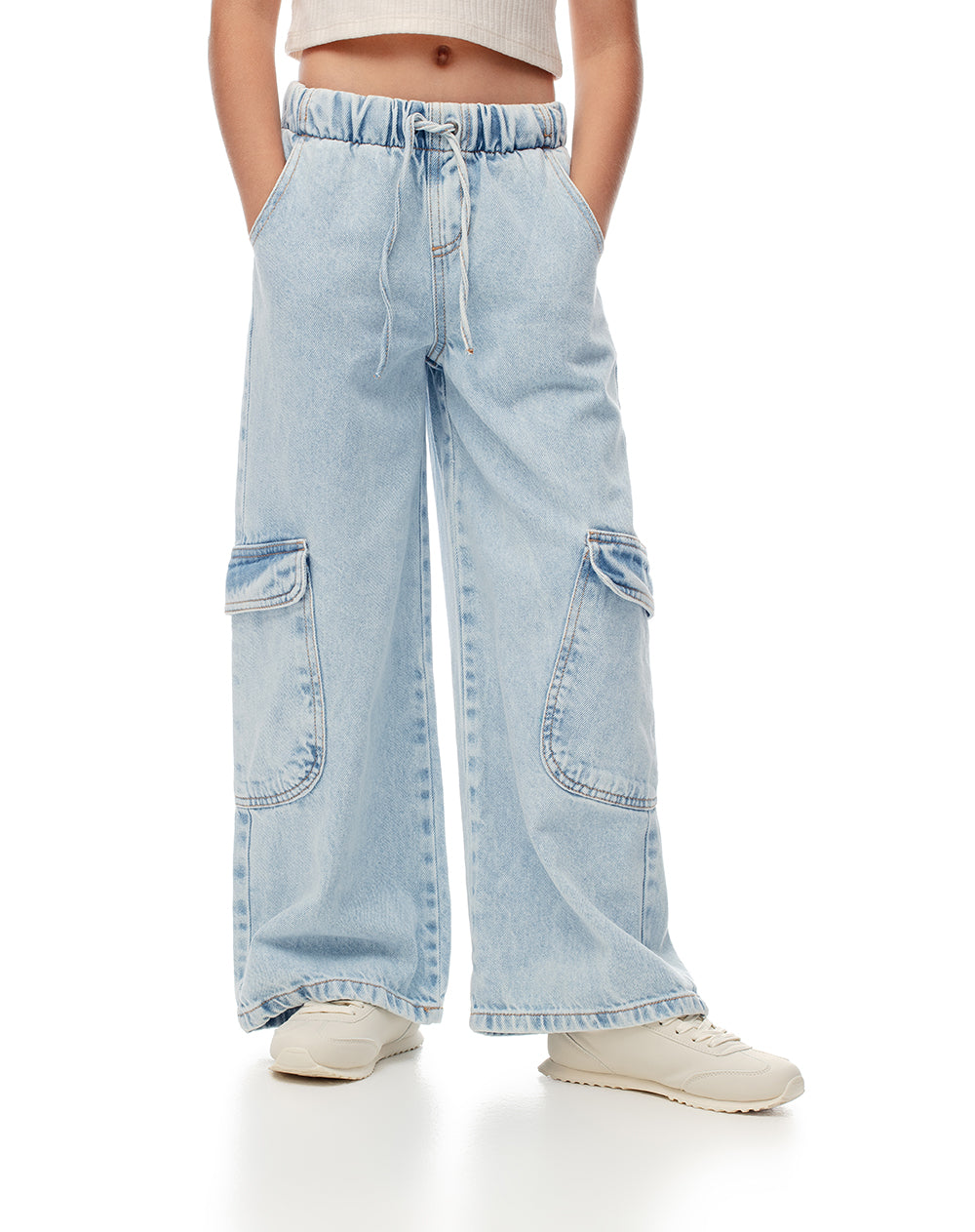 Jean cargo wide leg tiro alto índigo claro niña