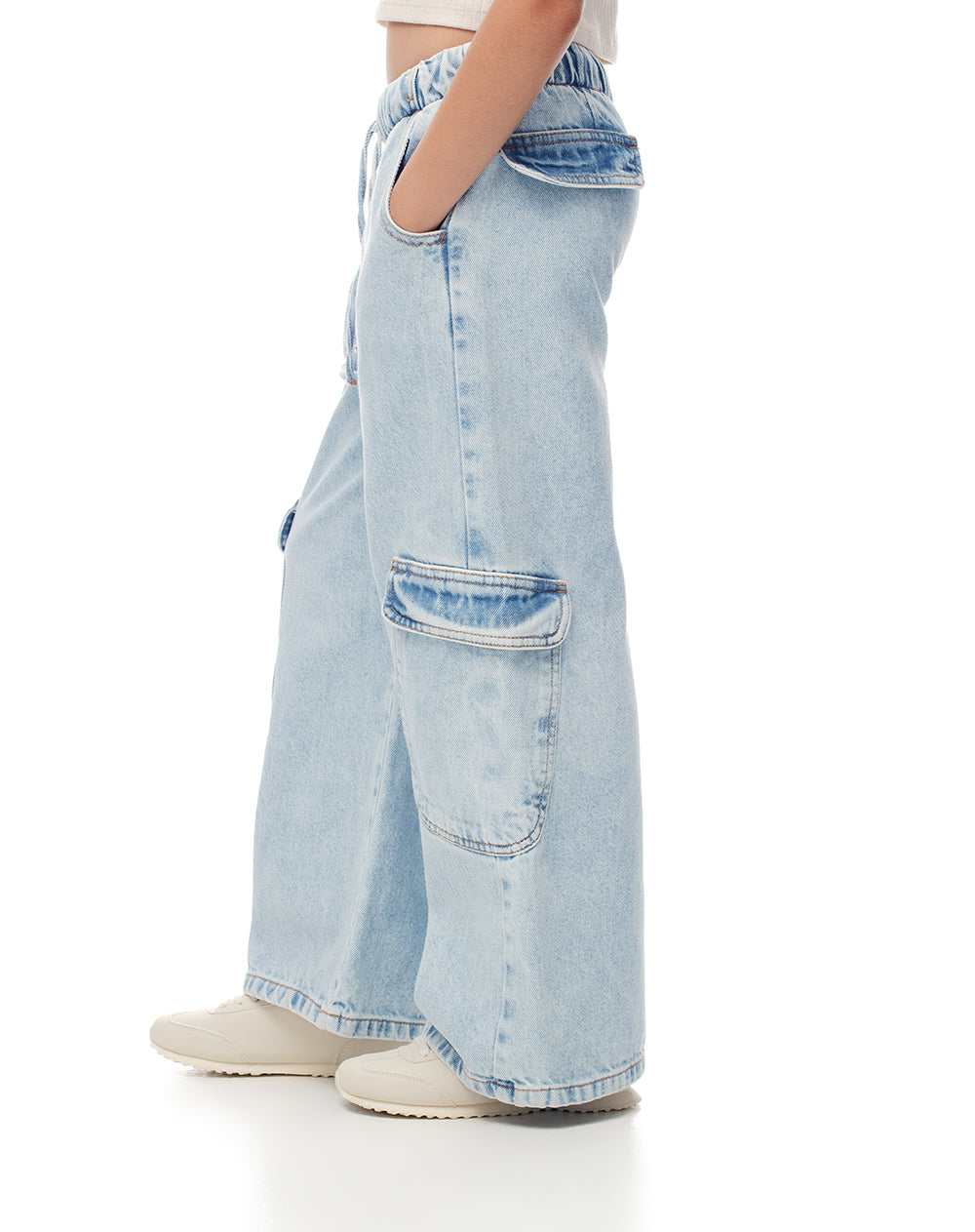 Jean cargo wide leg tiro alto índigo claro niña