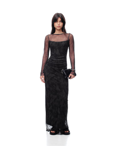 Vestido largo slim mesh transparente estampado mujer