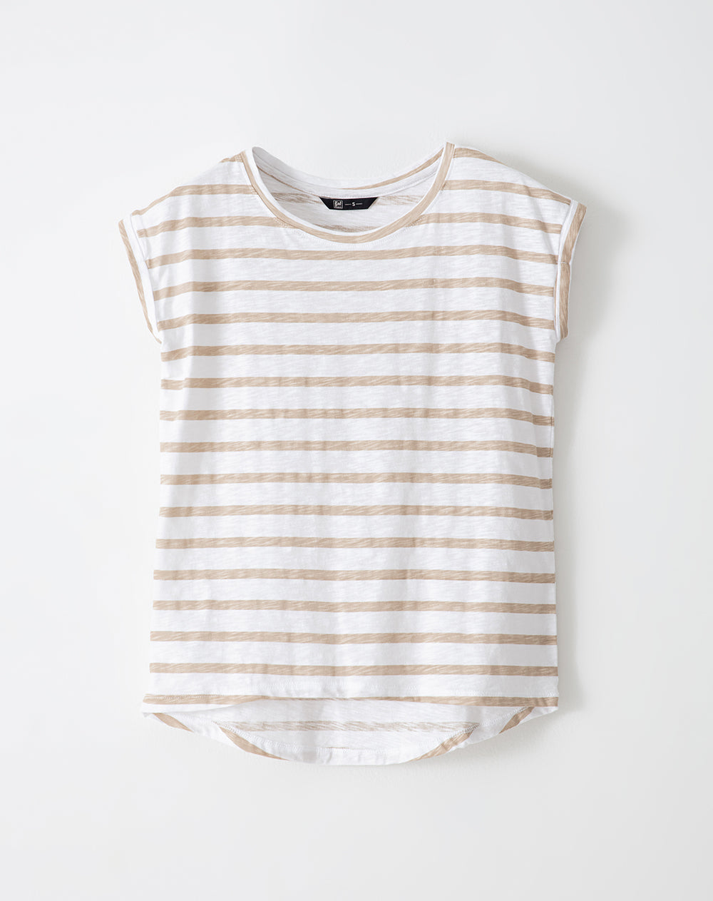 Camiseta regular fit manga corta blanca con rayas caqui