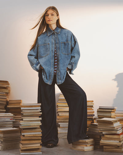 Jean wide leg tiro medio índigo oscuro mujer