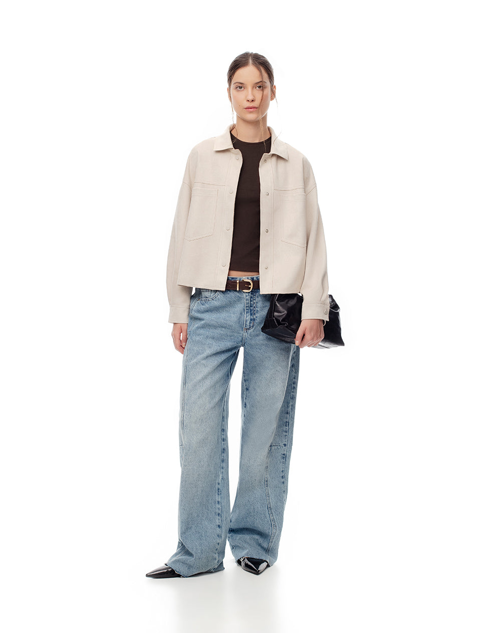 Chaqueta tejido suede arena mujer