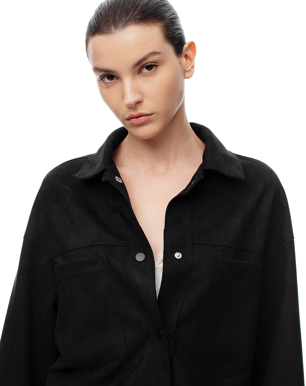 Chaqueta tejido suede negra mujer