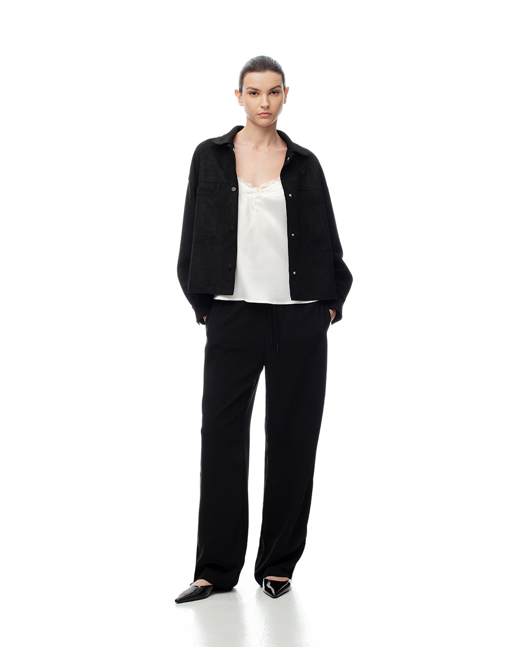 Chaqueta tejido suede negra mujer