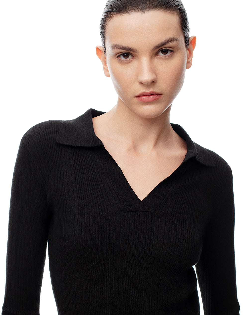 Camibuzo tipo polo slim tejido de punto negro mujer