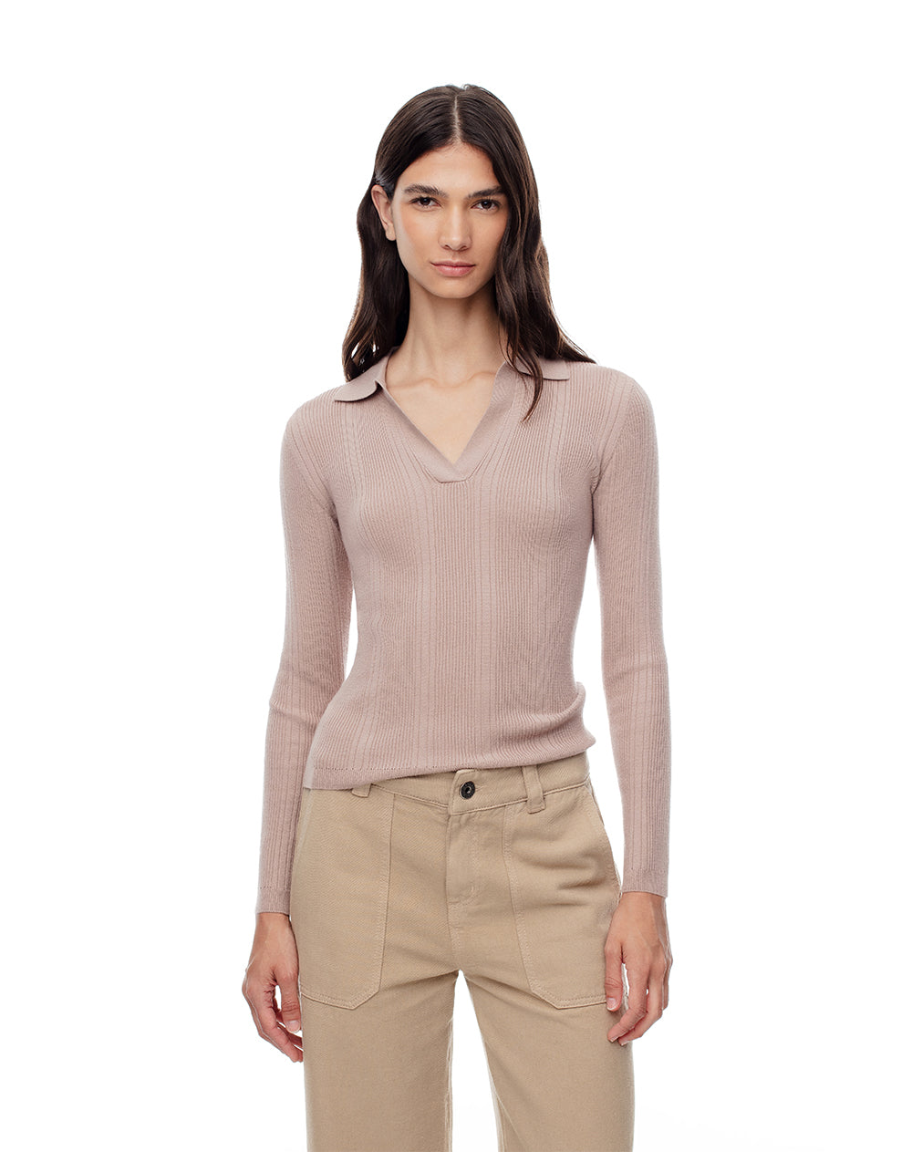 Camisa fitted fit manga larga taupe