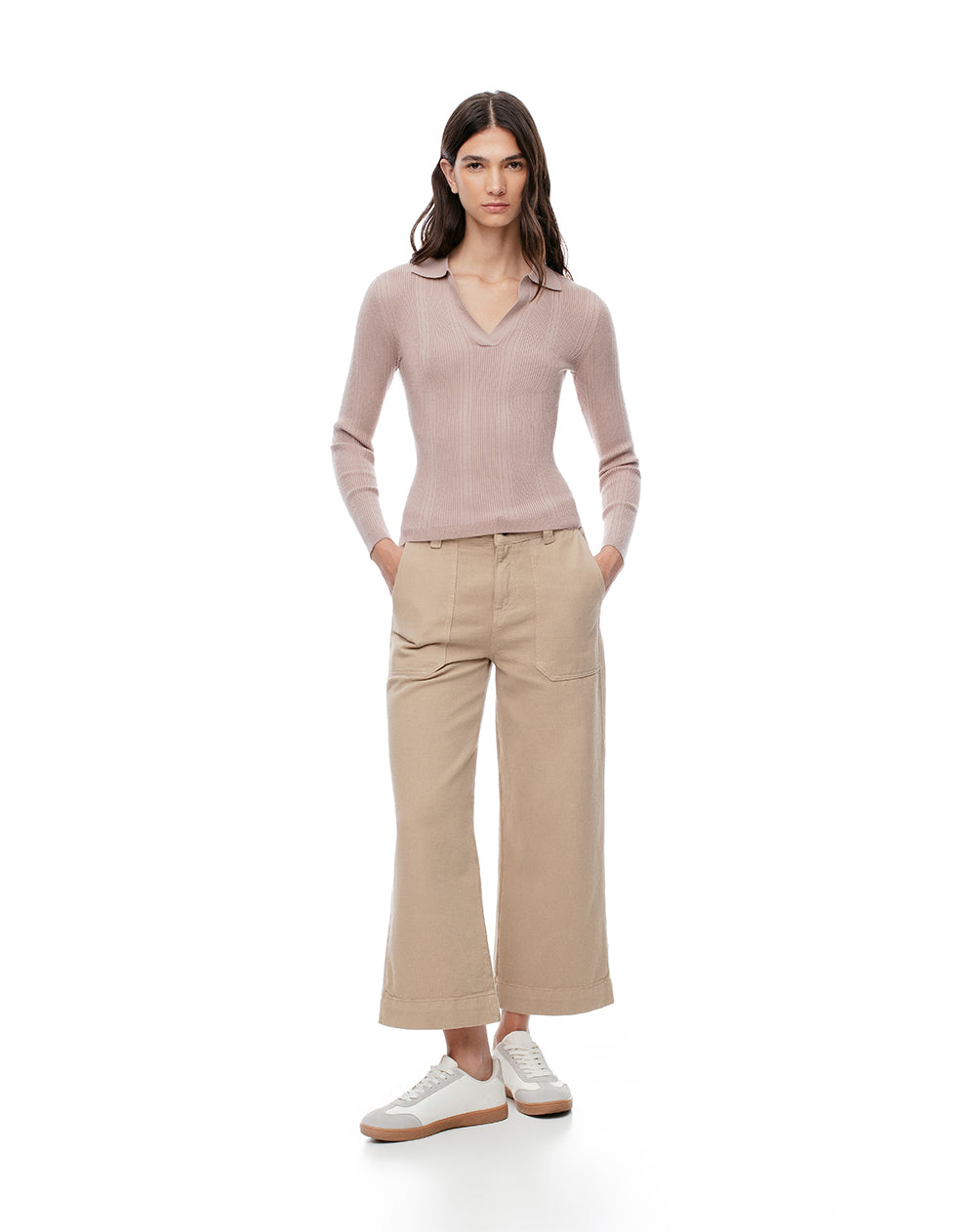 Camisa fitted fit manga larga taupe