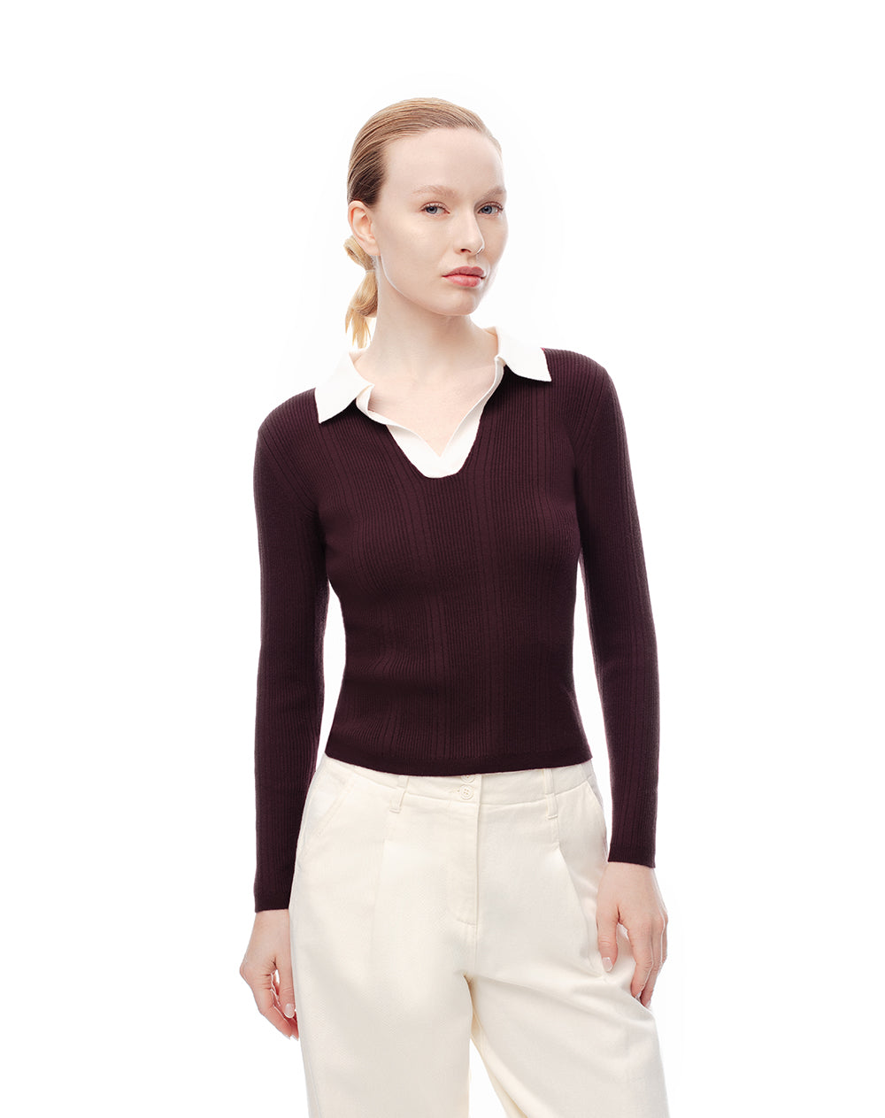 Camibuzo tipo polo slim tejido de punto vino tinto mujer