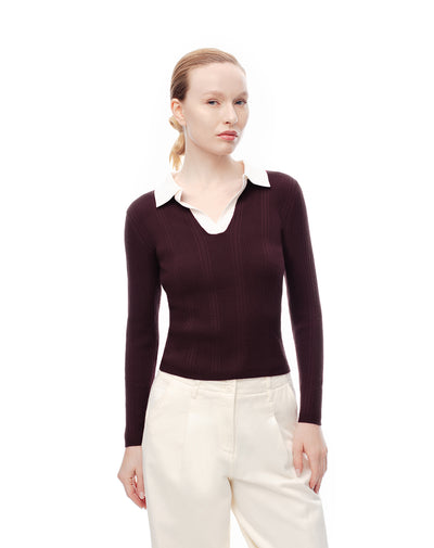 Camibuzo tipo polo slim tejido de punto vinotinto mujer