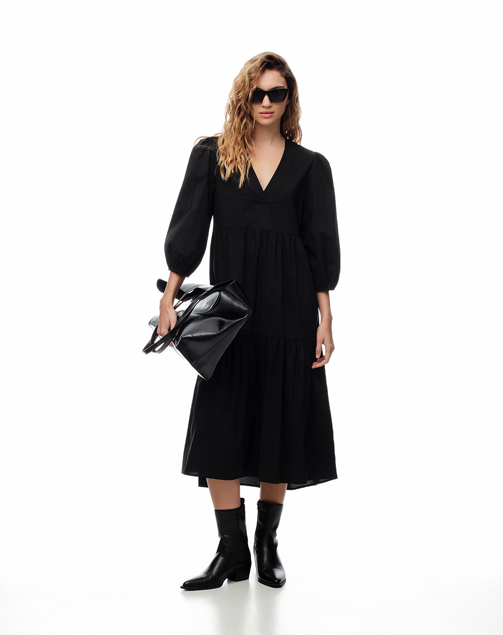 Vestido midi manga 3/4 negro mujer