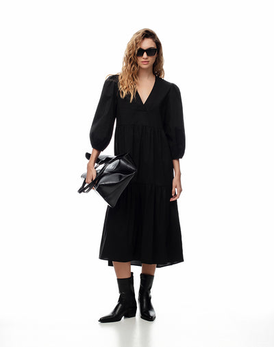 Vestido midi manga 3/4 negro mujer