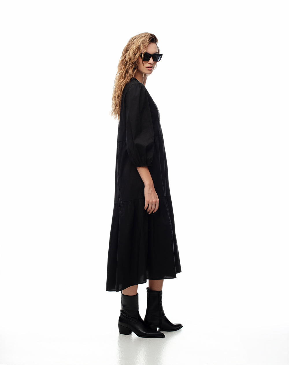 Vestido midi manga 3/4 negro mujer