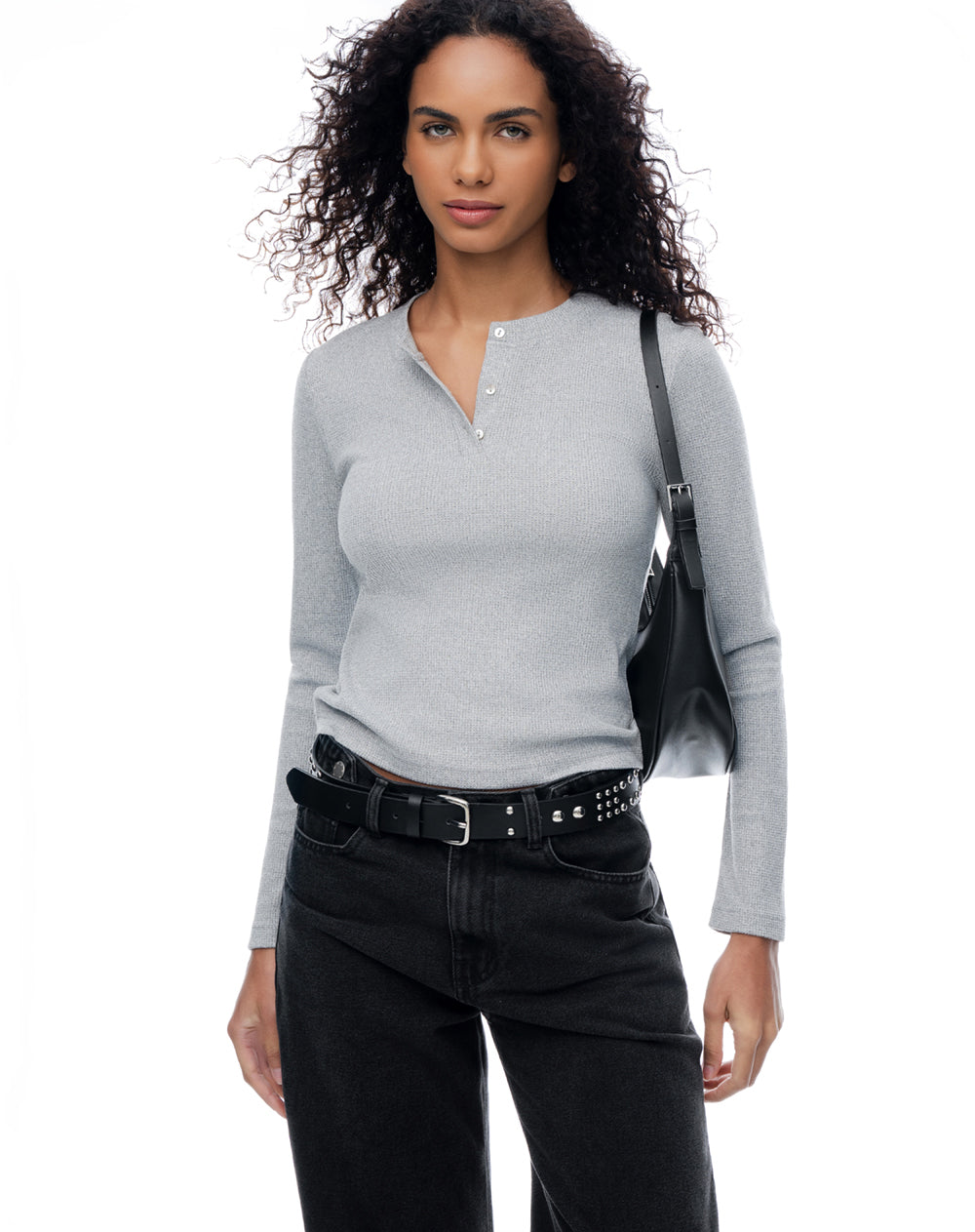 Camiseta slim fit manga larga gris jaspeada