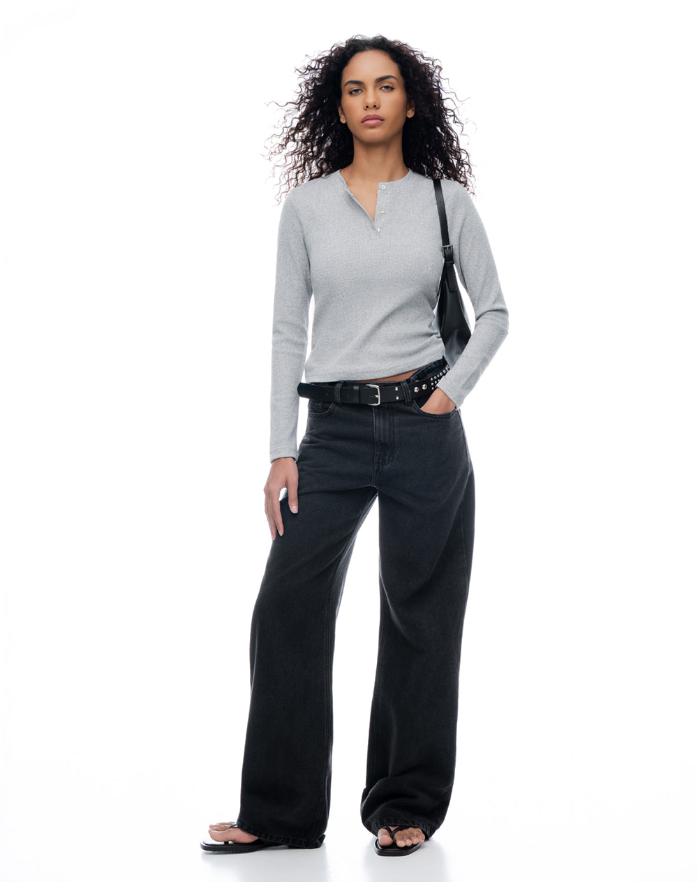 Camiseta slim fit manga larga gris jaspeada