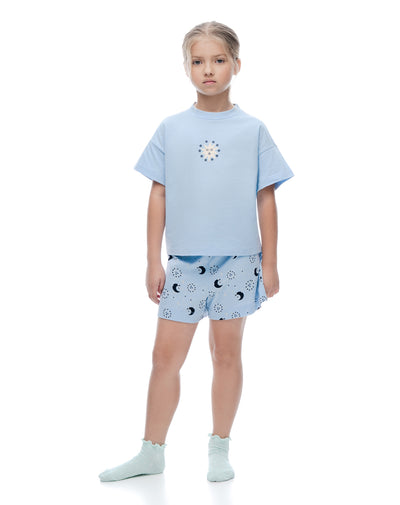 Pijama relaxed manga corta azul estampada niña